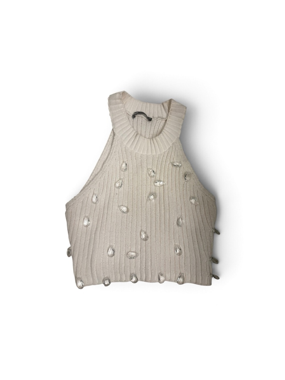 Sleeveless Cream Ribbed Embellished Turtleneck Sweater by Zara Womens small